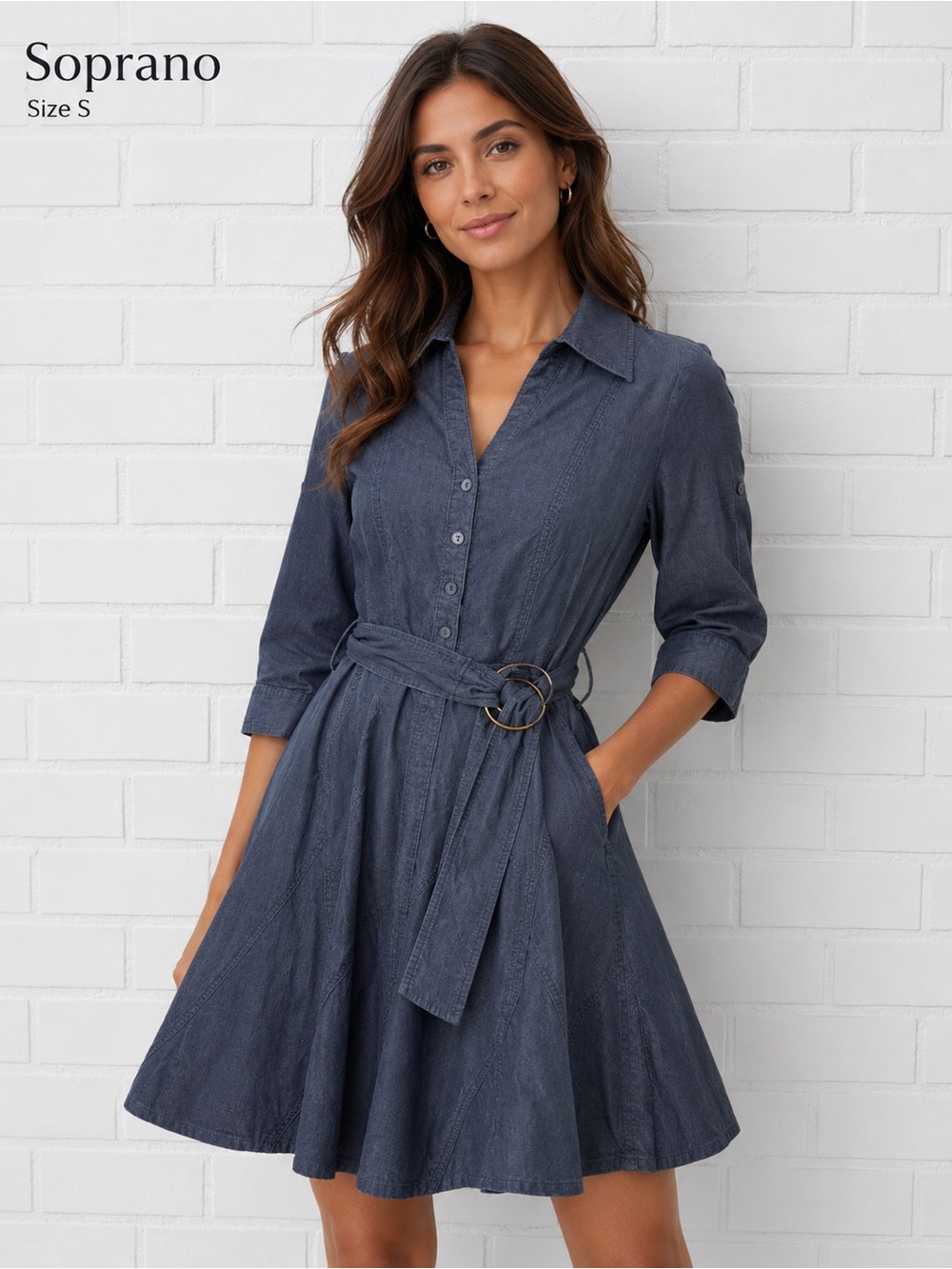 Soprano Chambray Fit & Flare Belted feminine Cottagecore Dress Size S